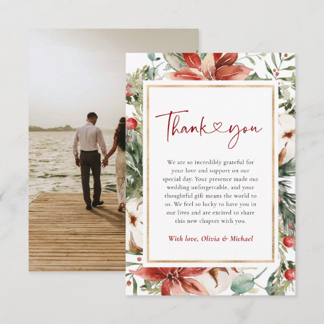 Tarjeta De Agradecimiento Navidades Boda de oro rojo verde (Anverso / Reverso)