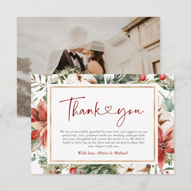 Tarjeta De Agradecimiento Navidades Boda de oro rojo verde (Anverso / Reverso)