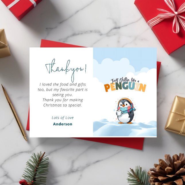 Tarjeta De Agradecimiento Navidades caricaturizan a Chillin como un pingüino (Christmas Cartoonish Just Chillin Like a Penguin Thank You Card)