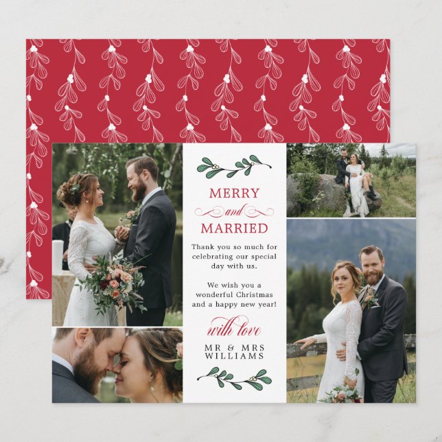 Tarjeta De Agradecimiento Navidades casados con moras y mistletoe verde rojo (Anverso / Reverso)