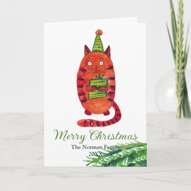 Tarjeta De Agradecimiento Navidades con gato rojo. gato acuático (Anverso)