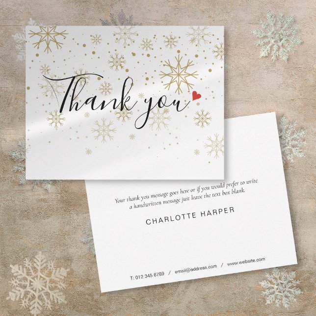 Tarjeta De Agradecimiento Navidades Copos de nieve de oro Elegante Script Bu (Christmas Gold Snowflakes Elegant Script Business Thank You Card)