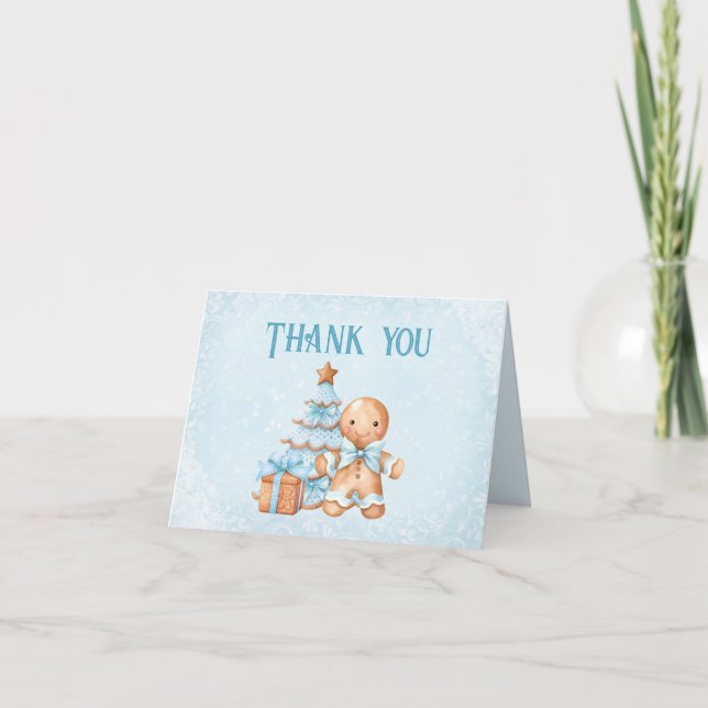Tarjeta De Agradecimiento Navidades Cute Gingerbread Blue Boy Baby Shower (Anverso)