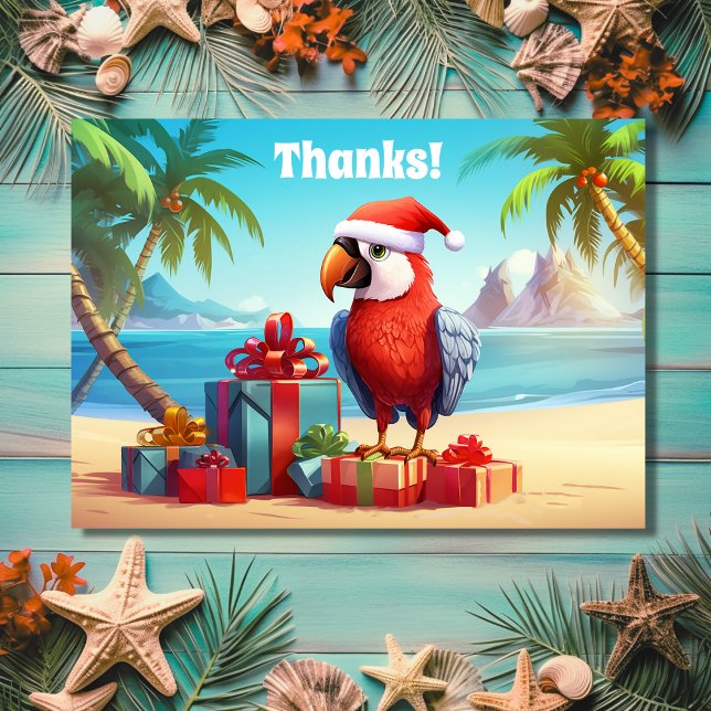 Tarjeta De Agradecimiento Navidades Cute Santa Parrot Tropical Beach (Front - Cute Santa Parrot Tropical Beach Christmas Thank You Card)