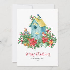 Tarjeta De Agradecimiento Navidades de acuarela de invierno Birdhouse Birds