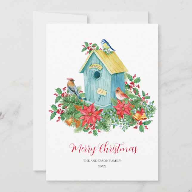 Tarjeta De Agradecimiento Navidades de acuarela de invierno Birdhouse Birds (Anverso)