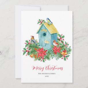 Tarjeta De Agradecimiento Navidades de acuarela de invierno Birdhouse Birds