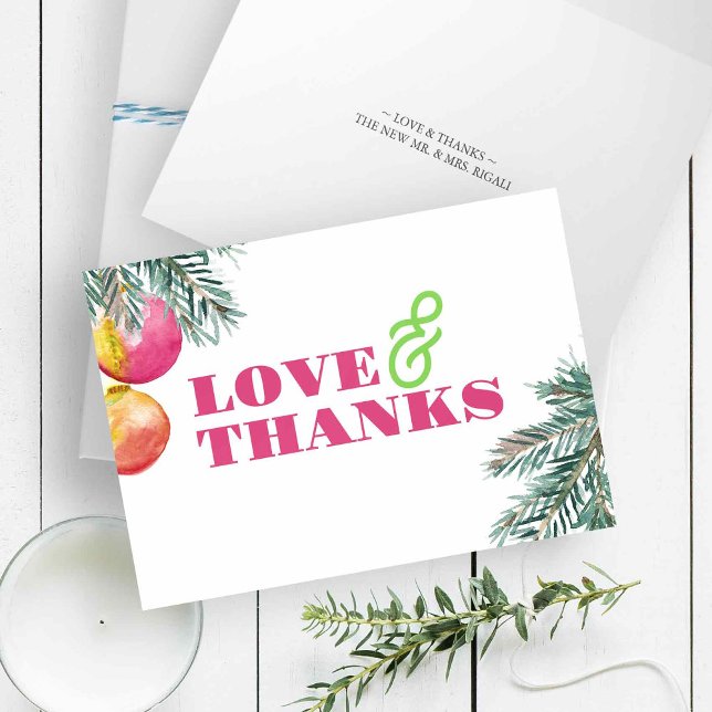 Tarjeta De Agradecimiento Navidades de acuarela moderna Gracias (Folded Christmas thank you cards with watercolor pine boughs and pink baubles for pinkmas)
