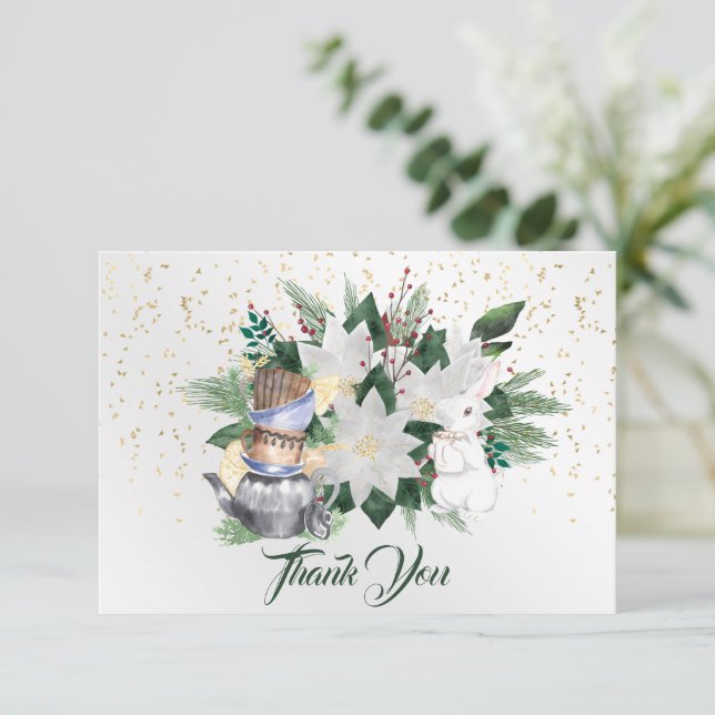 Tarjeta De Agradecimiento Navidades de Conejo de Poinsettia Blanca bonito (Anverso de pie)