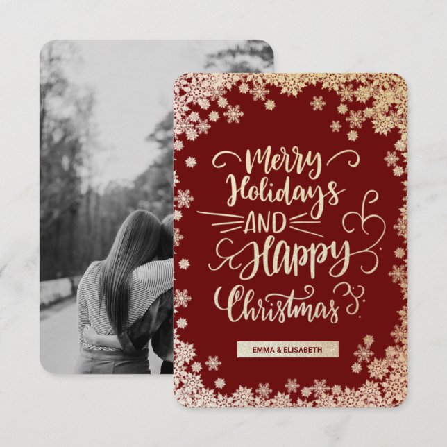 Tarjeta De Agradecimiento Navidades de fotos rojas con copas de nieve dorada (Anverso / Reverso)