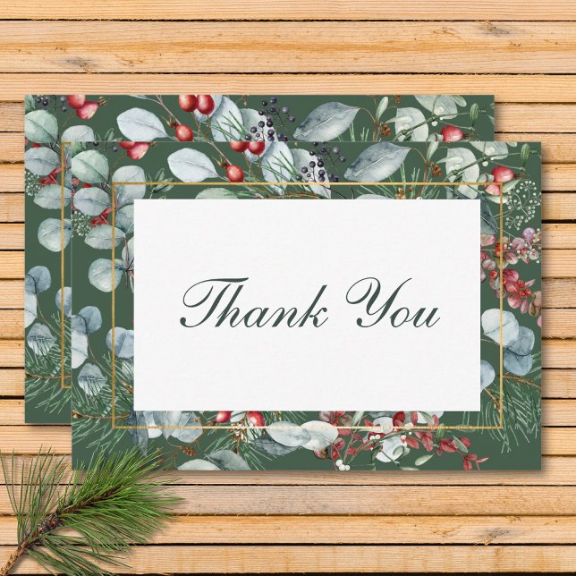 Tarjeta De Agradecimiento Navidades de invierno Boda verde (Winter Christmas Greenery Green Wedding Thank You Card)