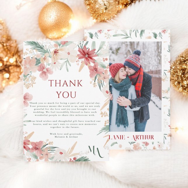 Tarjeta De Agradecimiento Navidades de invierno de Rusia Boda de fotografía  (Rustic Winter Christmas Floral Photo Wedding Thank You Card)
