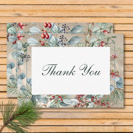 Tarjeta De Agradecimiento Navidades de invierno Greenery Gold Boda