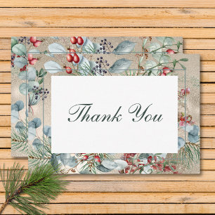 Tarjeta De Agradecimiento Navidades de invierno Greenery Gold Boda
