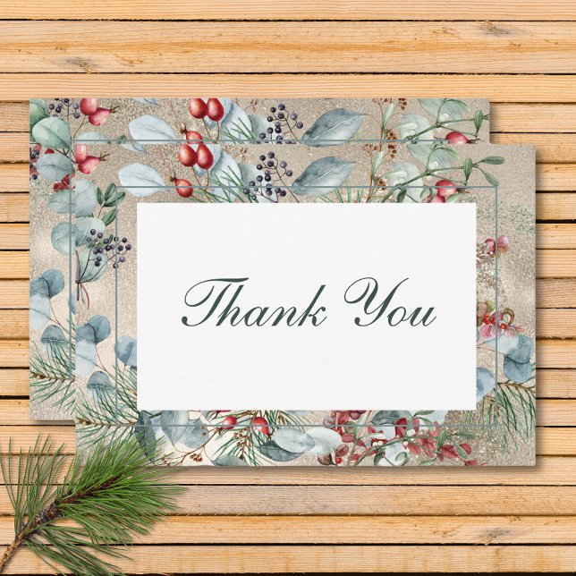 Tarjeta De Agradecimiento Navidades de invierno Greenery Gold Boda (Winter Christmas Greenery Gold Wedding Thank You Card)