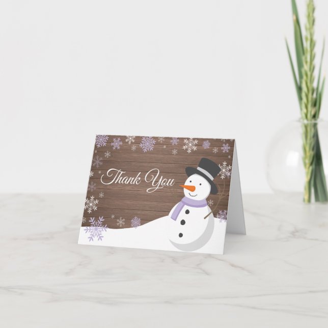 Tarjeta De Agradecimiento Navidades de invierno rústicos Snowman Purple (Anverso)