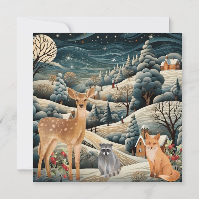 Tarjeta De Agradecimiento Navidades de la escena de invierno Animales de Woo (Anverso)