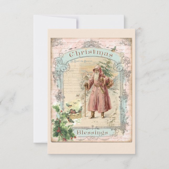 Tarjeta De Agradecimiento Navidades de Santa Claus Rosado estilo victoriano (Anverso)