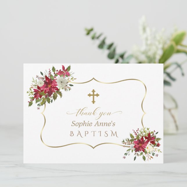 Tarjeta De Agradecimiento Navidades de vacaciones bautismo de poinsettia bla (Anverso de pie)