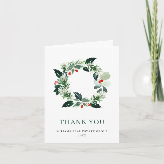 Tarjeta De Agradecimiento Navidades del bosque de Wreath Holly Berry Pine (Anverso)