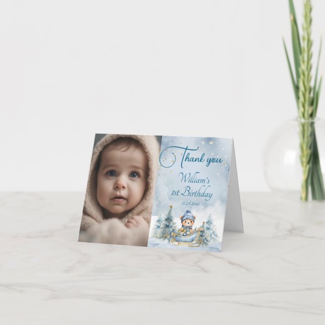 Tarjeta De Agradecimiento Navidades del oso primer invierno de cumpleaños (Anverso)
