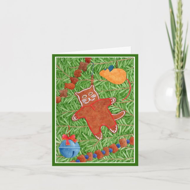 Tarjeta De Agradecimiento Navidades GINGERBREAD KITTY Notecard / Green (Anverso)