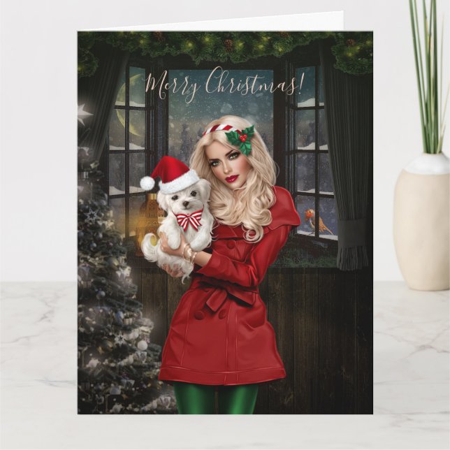 Tarjeta De Agradecimiento Navidades Hermoso Chica Con Cachorro (Anverso)