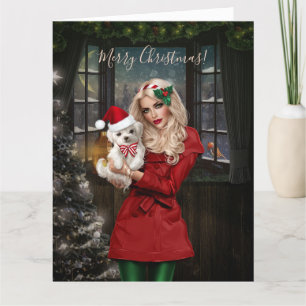 Tarjeta De Agradecimiento Navidades Hermoso Chica Con Cachorro