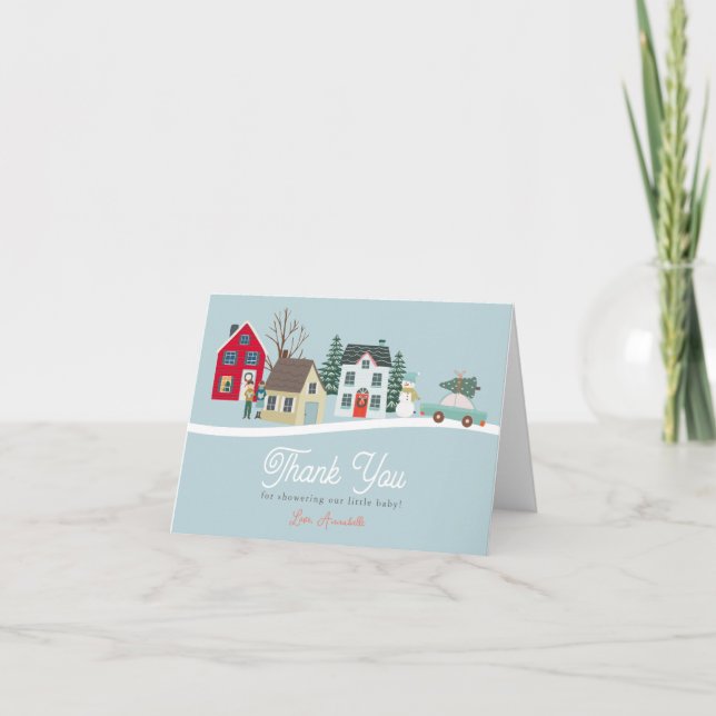 Tarjeta De Agradecimiento Navidades Holiday Town/Village Blue Baby Shower (Anverso)