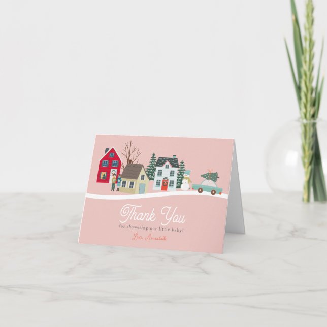 Tarjeta De Agradecimiento Navidades Holiday Town/Village Pink Baby Shower (Anverso)
