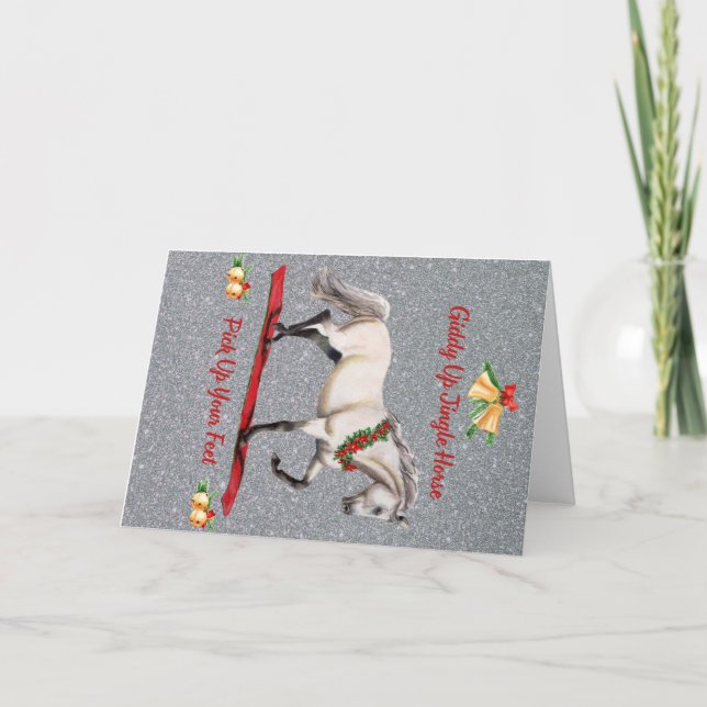 Tarjeta De Agradecimiento Navidades Horse Jingle Horse Silver Gray Holiday (Anverso)