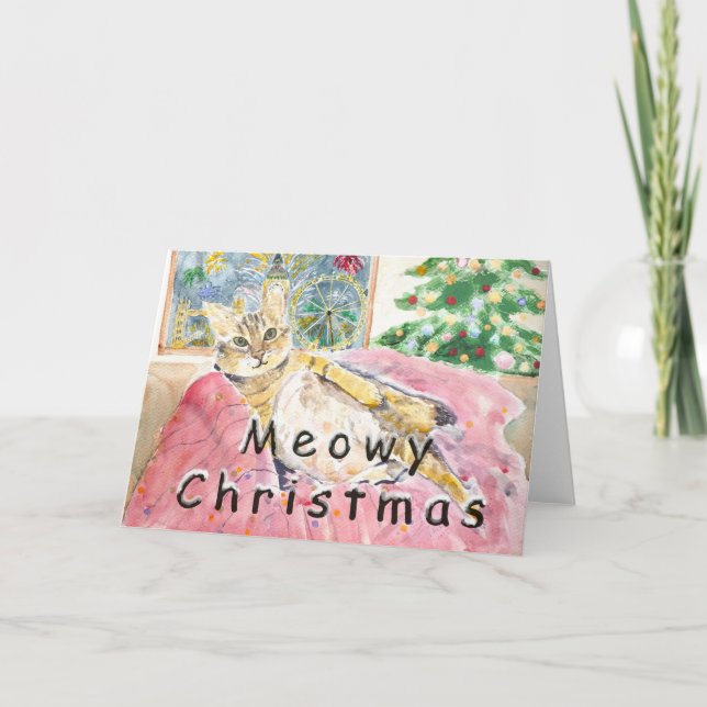 Tarjeta De Agradecimiento Navidades Meowy gato en Londres (Anverso)