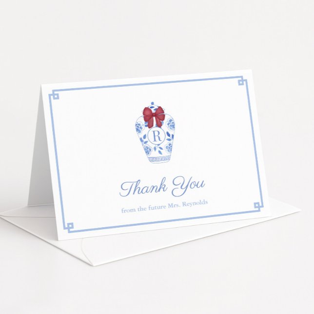 Tarjeta De Agradecimiento Navidades Monogramas Preppy Red Bow (Preppy red Holidays bridal shower thank you cards featuring a ginger jar with monogram & red bow)