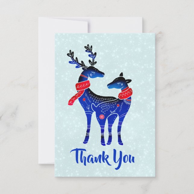 Tarjeta De Agradecimiento Navidades Nórdicos Azules Pareja de Renos Gracias (Anverso)