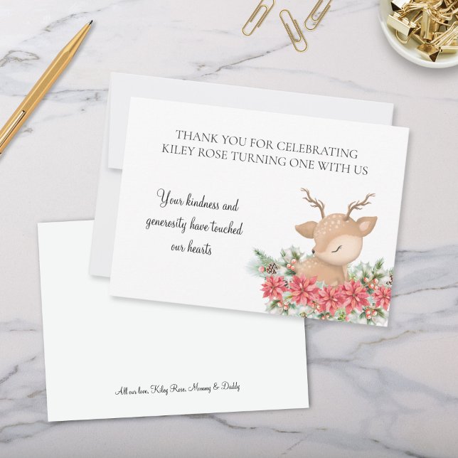 Tarjeta De Agradecimiento Navidades Poinsettia Little Deer Birthday Party (Cute Christmas Poinsettia Little Deer Theme Thank You Cards with Personalized Signature)