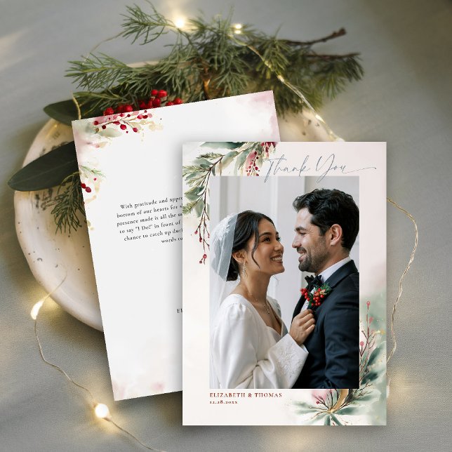 Tarjeta De Agradecimiento Navidades rojos de la vegetación de invierno. Foto (winter christmas wedding bridal shower thank you card greenery botanical berries red green romantic)