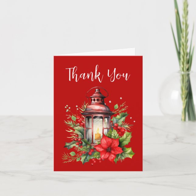 Tarjeta De Agradecimiento Navidades rojos Lantern Poinsettia y Pine (Anverso)