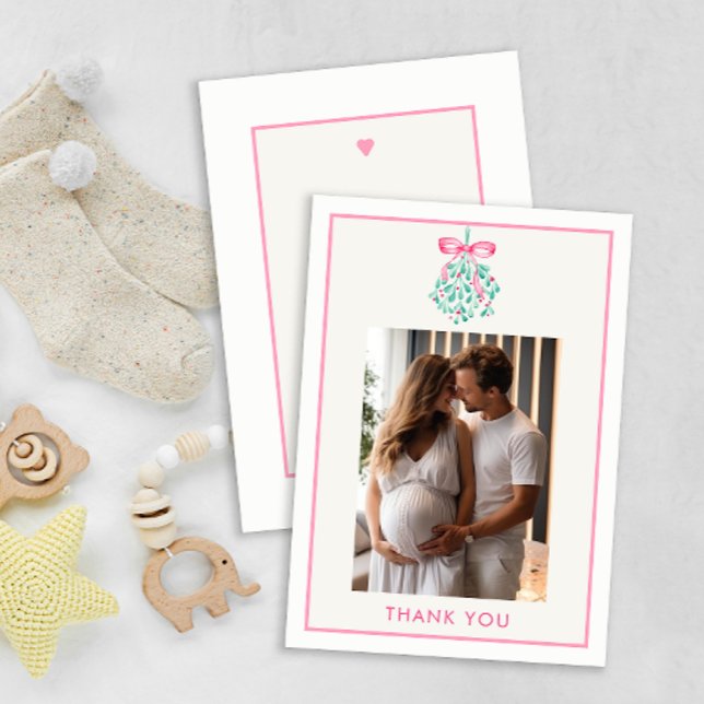 Tarjeta De Agradecimiento Navidades Rosa Mistletoe Baby Shower Gracias (Photo Baby Shower, under the mistletoe thank you card - Baby Girl)