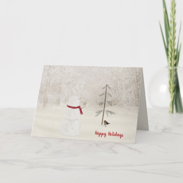 Tarjeta De Agradecimiento Navidades snowman con estrella dorada en la nieve (Anverso)