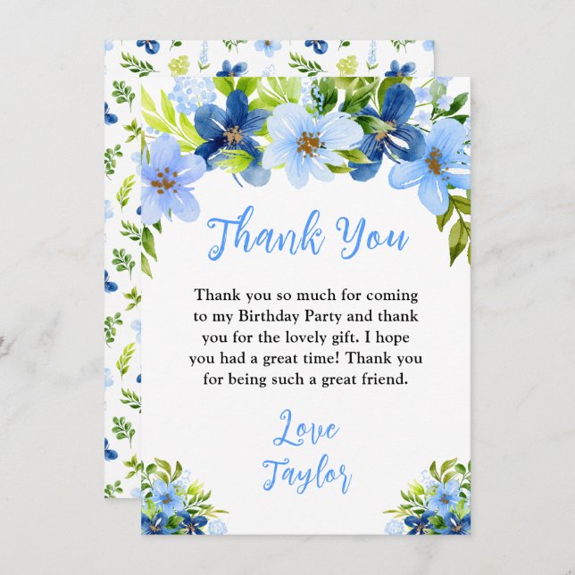 Tarjeta De Agradecimiento Navy and Baby Blue Floral Birthday Party (Anverso / Reverso)