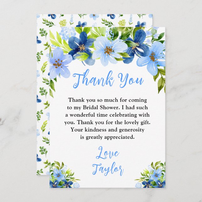 Tarjeta De Agradecimiento Navy and Baby Blue Floral Bridal Shower (Anverso / Reverso)