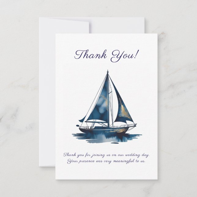 Tarjeta De Agradecimiento Navy And Gold Sailboat Nautical Wedding (Anverso)