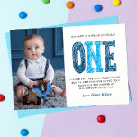 Tarjeta De Agradecimiento Navy & Blue 1st Birthday Thank You<br><div class="desc">Modern,  simple and elegant boy first birthday thank you card. Design featuring brushed script one ,  thank you message and a photo.</div>