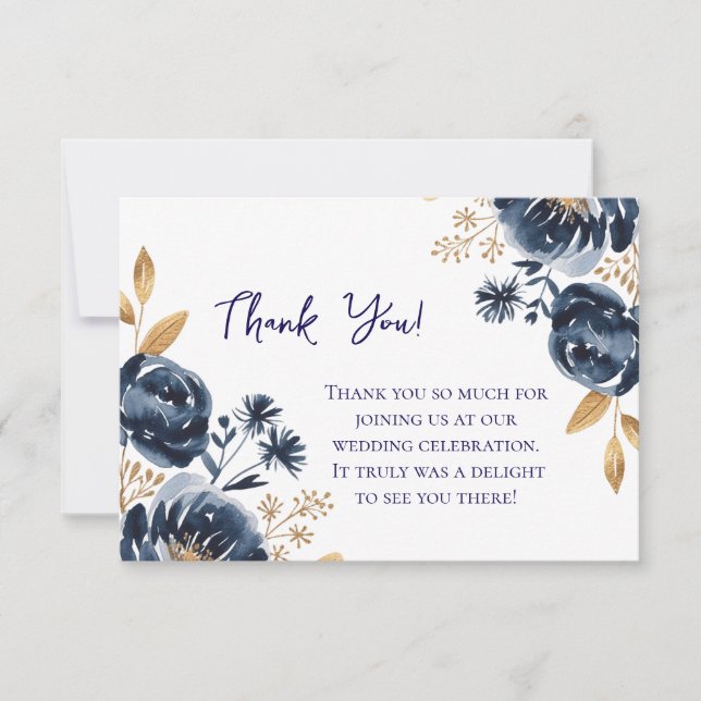 Tarjeta De Agradecimiento Navy Blue and Gold Peony Wedding (Anverso)