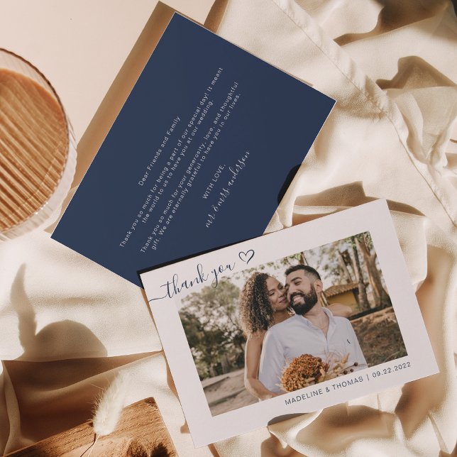 Tarjeta De Agradecimiento Navy Blue Boho Boda de escritura fotográfica simpl (Subido por el creador)