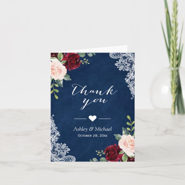 Tarjeta De Agradecimiento Navy Blue Burgundy Red Rubor Floral Lace Gracias (Anverso)