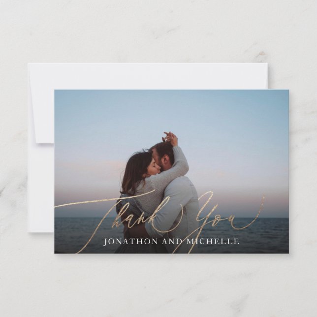 Tarjeta De Agradecimiento Navy Blue Elegant Gold Calligraphy Wedding Photo (Anverso)