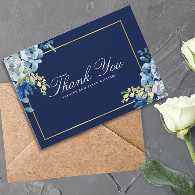 Tarjeta De Agradecimiento Navy Blue Gold Floral Elegante Guión Blanco (Subido por el creador)