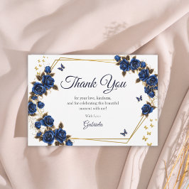 Tarjeta De Agradecimiento Navy Blue Golden Tiara Roses Butterfly Quinceañera