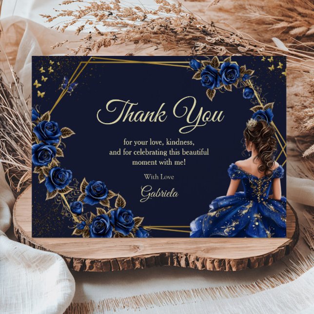 Tarjeta De Agradecimiento Navy Blue Golden Tiara Roses  Quinceañera (Subido por el creador)